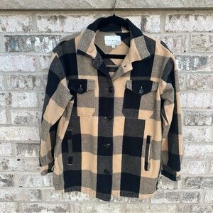 Lucky Brand Plaid Shacket Tan & Black Buffalo Check Jacket Size Small